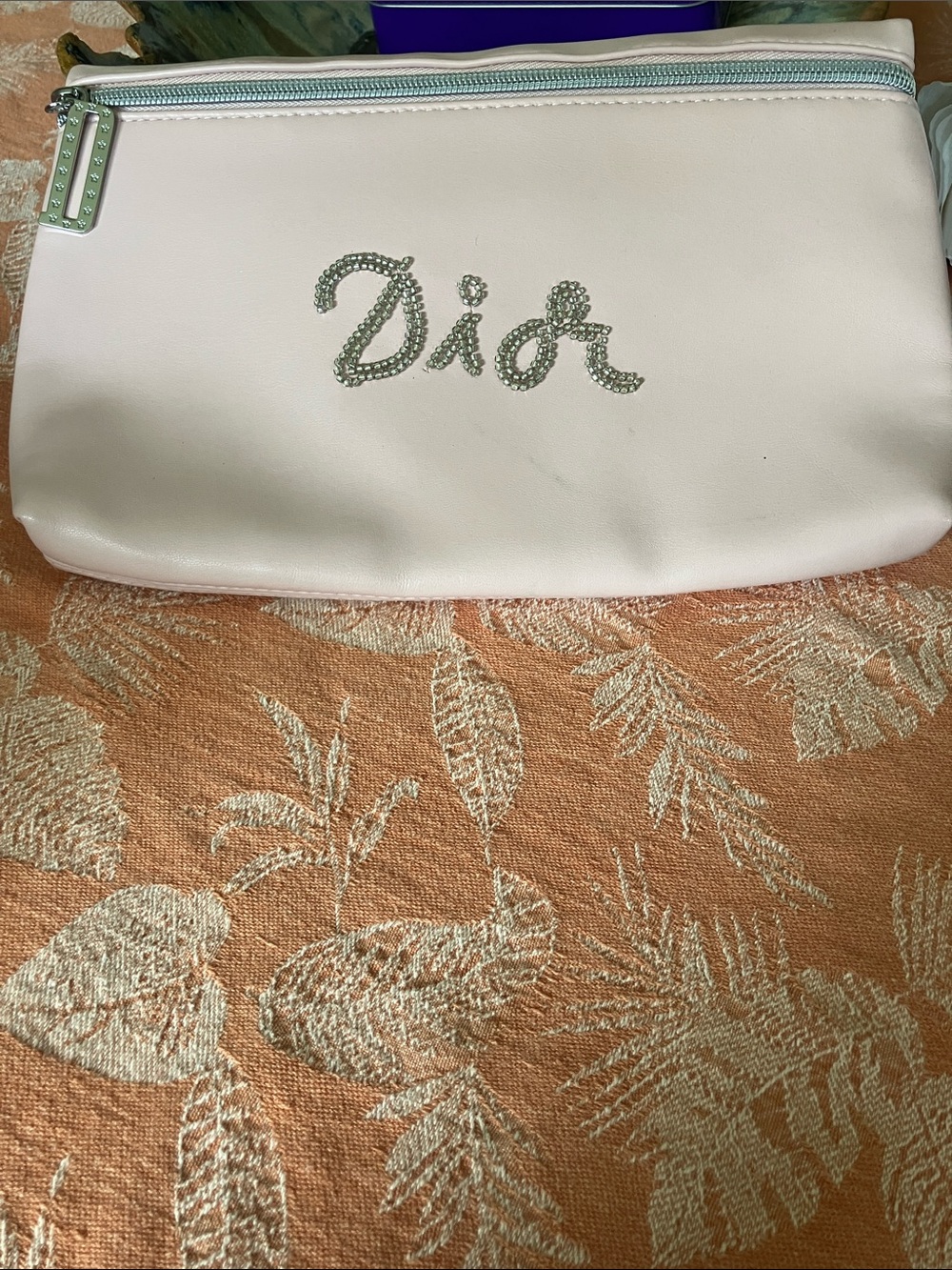 Dior Rhinestone Logo Pouch in Light Pink with Mint Trim